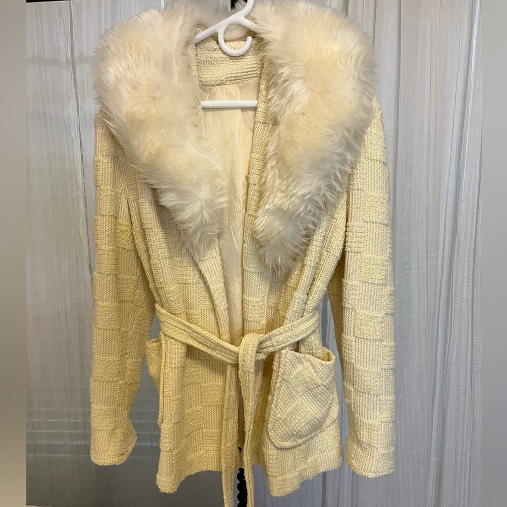 Vintage Sears Belted Sweater/Coat with Faux Fur Collar
